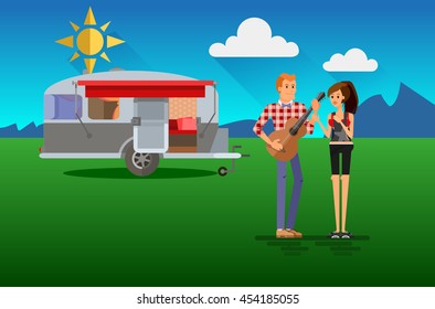 Cool vector flat character design of young people travelers with trailer car. Student tourists friends and couple ready to their road trip. Woman and man plaing guitar having summer holidays trip
