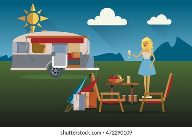 Cool vector flat character design of young people travelers with trailer car. Student tourists friends ready to their road trip. Young blonde girl drinking having summer holidays trip
