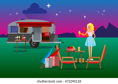 Cool vector flat character design of young people travelers with trailer car. Student tourists friends ready to their road trip. Young blonde girl drinking having summer holidays trip

