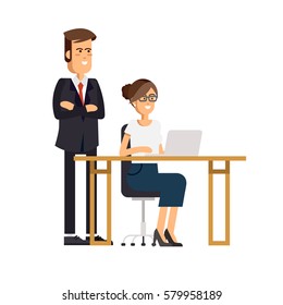 Cool vector flat character design on office business woman working in office behind her desk with desktop computer and the chief watching workflow