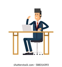 Cool vector flat character design on office businessman working in office behind her desk with desktop computer. Business man using computer