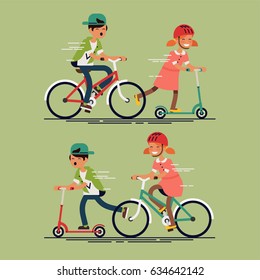 Cool vector flat character design on kids riding kick scooters and bicycles. Summer break, boy and girl having free time playing. Kids having fun outside