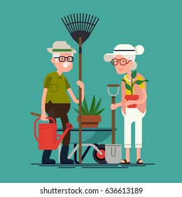 Cool vector flat character design on senior age garden workers. Third age retired couple ready for garden work. Elderly couple having good time in garden. Old man and woman with rake, shovel, plants