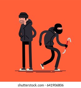 Cool vector flat character design on burglar. Criminal, thief or robber standing and crouching with balaclava mask and crowbar. Sneaking and standing unfriendly outlaw male person svg