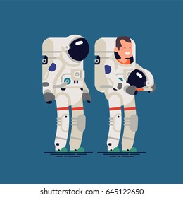 Cool vector flat character design on astronaut with helmet on and off. Male cosmonaut or space pilot standing full length, isolated