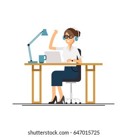 Cool vector flat character design on office business woman working in office behind her desk with laptop computer listening music wearing headphones. Business woman using computer
