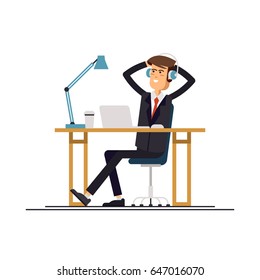 Cool vector flat character design on office businessman working in office behind her desk with desktop computer listening music wearing headphones. Business man using computer