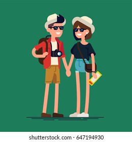 Cool vector flat character design on young adult couple of travelers. Boy and girl traveling together. Heterosexual couple standing holding hands wearing casual clothes, same hats