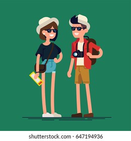 Cool Vector Flat Character Design On Adult Travelers Couple. Young Tourists Couple Standing. Man And Woman With Guide Map, Camera And Backpack Ready For Summer Holidays Trip Or Sightseeing Tour