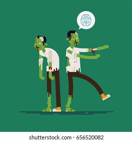 Cool vector flat character design on zombie. Undead male horror being standing and walking hungry for brain. Funny cartoon walking and standing dead character in trendy minimalistic design