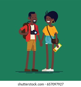 Cool vector flat character design on young adult couple of african travelers. Portrait of african american man and woman traveling together