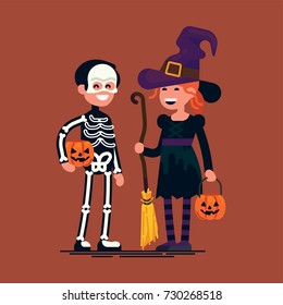 Cool vector flat character design on happy kids wearing halloween costumes. Little witch and skeleton holding pumpkin baskets. Boy and girl ready to celebrate Halloween and trick-or-treating