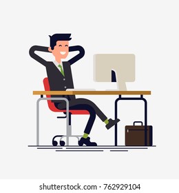 Cool vector flat character design on relaxed businessman sit back on his workplace chair. Satisfied office worker got his work done