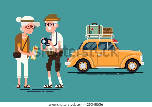 Cool\
vector flat character design on senior age travelers with vintage\
old car with luggage on top. Retired tourists couple ready to their\
road trip. Grandparents having summer holidays\
trip