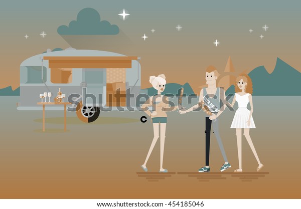 Cool vector flat\
character design of young people travelers with trailer car.\
Student tourists friends and couple ready to their road trip. Woman\
and man eating barbecue\
shashlik\
