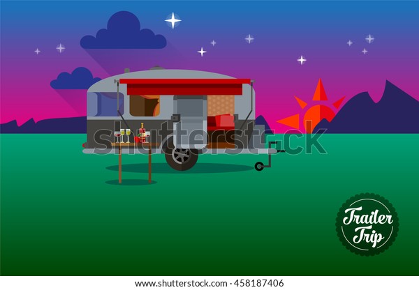 Cool vector flat character design of young people\
travelers with trailer car. Student tourists friends and couple\
ready to their road trip.\
