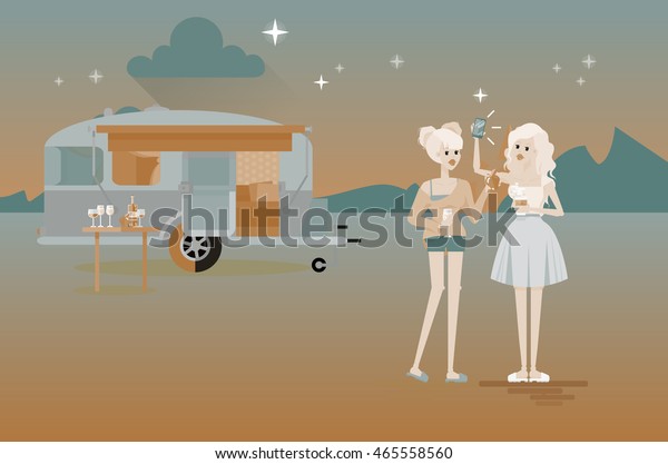 Cool vector flat character design of young people\
travelers with trailer car. Student tourists friends ready to their\
road trip. Two girls young woman talking, drinking and having\
summer holidays trip