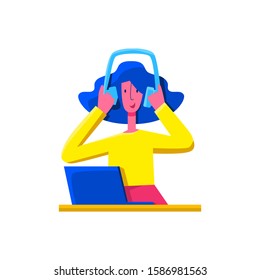 Cool vector flat character. Girl enjoys the music with desktop computer. Listening music  wearing headphones.