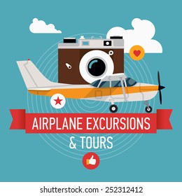 Cool vector flat colorful design on airplane excursions and tours | Air sightseeing and travel web banner square template with light personal plane, retro camera, clouds and like and share icons