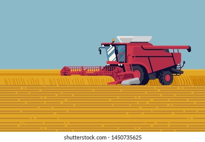 Cool vector flat concept design on arable filed harvest with grain header combine harvester reaping crops. Ideal for agriculture and farming graphic and web design