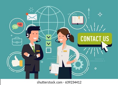 Cool vector flat concept design on feedback and business contact with operator characters ready to receive incoming calls and messages. Business characters abstract background with 'Contact Us' button