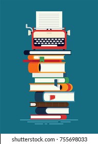 Cool vector flat concept illustration on productive novel or book writing and publishing with stacked books and typewriter on top