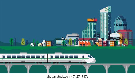 Cool vector flat design background on transportation and travel with express train on viaduct arriving in large city