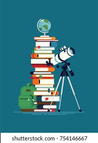 Cool vector flat design background, poster or banner template on knowledge and education with tall stack of books, school backpack, geography globe and astronomy telescope