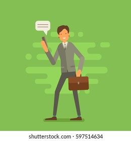 Cool vector flat design business character. Corporate specialist friendly smiling. Man going to work. Trendy greenery background of 2017.
