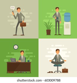 Cool vector flat design business characters. Corporate specialists friendly smiling. Man going to work, drinking coffee, meditating and relaxing, hard working. Trendy greenery background of 2017.