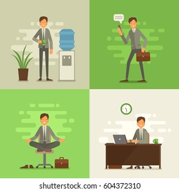 Cool vector flat design business characters. Corporate specialists friendly smiling. Man going to work, drinking coffee, meditating and relaxing, hard working. Trendy greenery background of 2017.