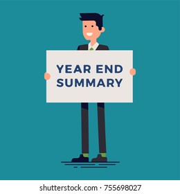 Cool vector flat design business company and corporate Year End Summary concept illustration with businessman holding text container with sample title
