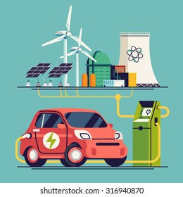 Cool vector flat design concept on electrical car charging from different power energy sources such as nuclear power plant, wind turbines and solar panels