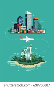 Diseño plano vectorial frío en los viajes de verano. Ilustración de destino exótica. Diseño del viaje de vacaciones con el paisaje de la ciudad, el avión y el complejo de islas tropicales