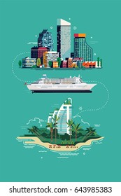 Cool vector flat design concept on summer travel. Exotic destination illustration. Vacation trip layout with city landscape, cruise ship and tropical island resort hotel
