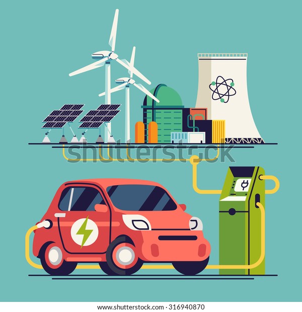 Cool vector flat design concept\
on electrical car charging from different power energy sources such\
as nuclear power plant, wind turbines and solar\
panels