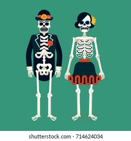 Cool vector flat design 'Day of the Dead' characters. Female and male cartoon skeletons wearing special Mexican holiday outfits