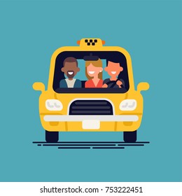 Cool vector flat design element on taxi cab service with abstract yellow car with driver and passengers, isolated