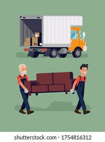 Cool vector flat design elements on moving company with movers and loaders carrying a sofa and a moving truck with open tale gate and cardboard boxes standing inside