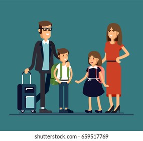 Cool vector flat design family portrait. Family members standing together. Teenage girl, school age boy and standing together. Happy family characters ready to tarvel