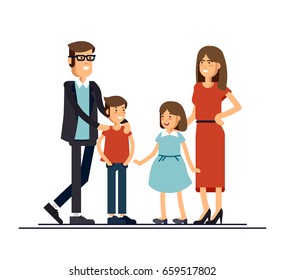 Cool vector flat design family portrait. Family members standing together. Teenage girl, school age boy and standing together. Happy family characters