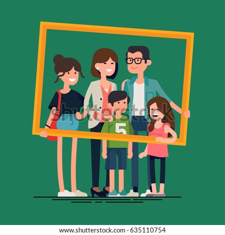 Cool vector flat design family portrait. Family members standing together holding large picture frame. Teenage girl, school age boy and small girl standing together. Happy family characters