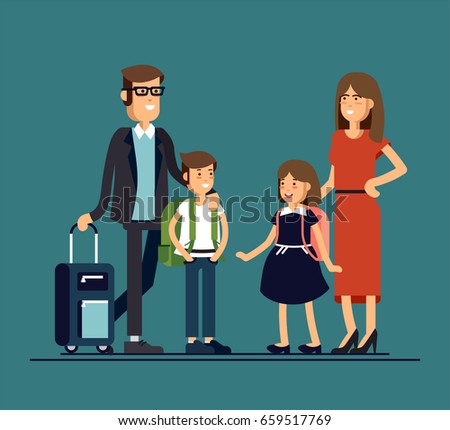 Cool vector flat design family portrait. Family members standing together. Teenage girl, school age boy and standing together. Happy family characters ready to tarvel