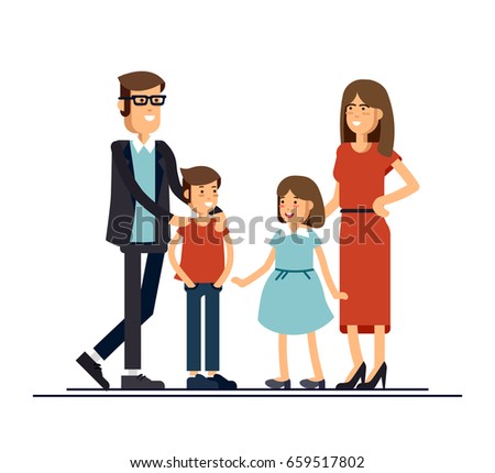 Cool vector flat design family portrait. Family members standing together. Teenage girl, school age boy and standing together. Happy family characters