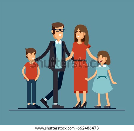 Cool vector flat design family portrait. Family members standing together. Teenage girl, school age boy and standing together. Happy family characters