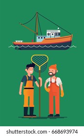 Cool vector flat design fishing boat with crew. Fishermen and commercial fishing vessel creative illustration