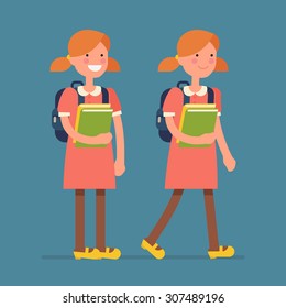 Cool vector flat design friendly smiling smart little girl kid character standing and walking with backpack, holding school books | Primary schoolgirl full length basic poses