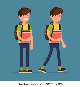 Cool vector flat design friendly smiling smart little boy kid character standing and walking with backpack, holding school books | Primary schoolboy full length basic poses