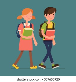 Cool vector flat design friendly smiling smart little boy and girl kid characters walking with backpacks, holding school books | Primary school boy and girl full length walking