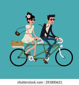 Cool vector flat design happy young man and woman characters couple riding tandem bicycle isolated | Young hipsters couple riding twin bike laughing happily